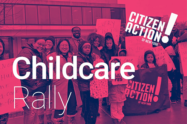 Parents, childcare providers, and community leaders rallying in Utica, New York to demand investment in the childcare workforce.