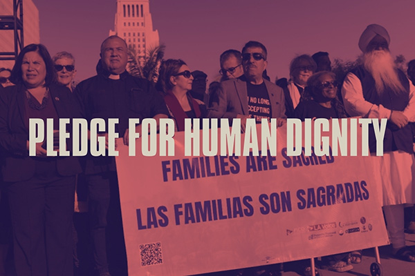 Faith and community leaders standing together in support of human dignity and collective action.
