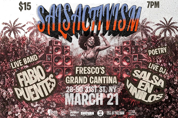 Community members dancing salsa and gathering for SALSACTIVISM, a cultural organizing event featuring music, speakers, and community building.