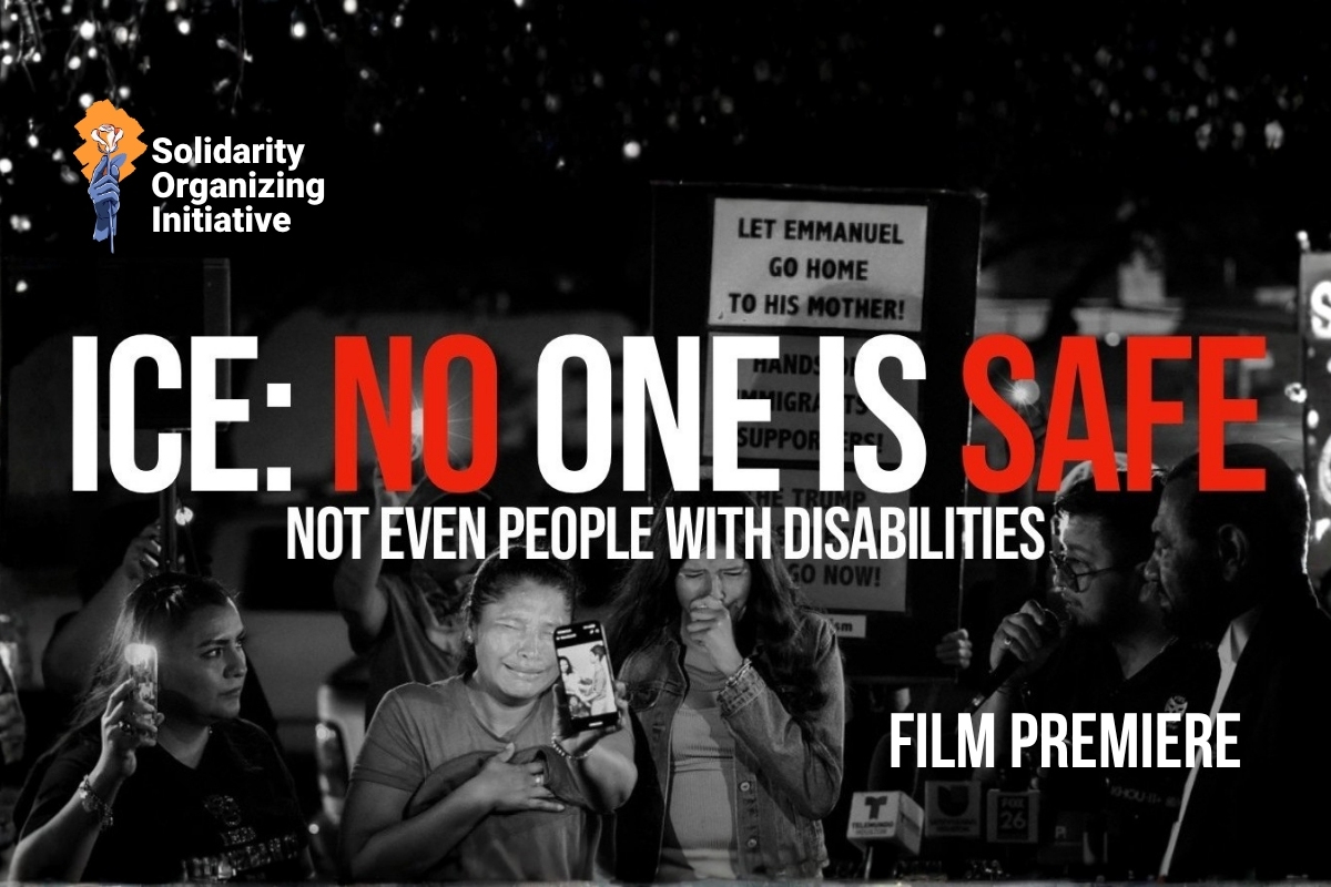 Protesters holding signs and candles during a nighttime demonstration featured in the “No One Is Safe” film about immigration enforcement and community impact.