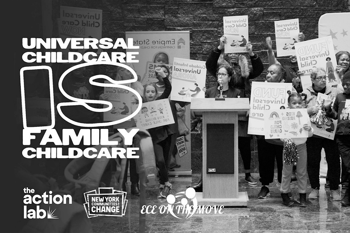 Childcare advocates and families rallying in Albany holding signs calling for universal child care and economic justice.