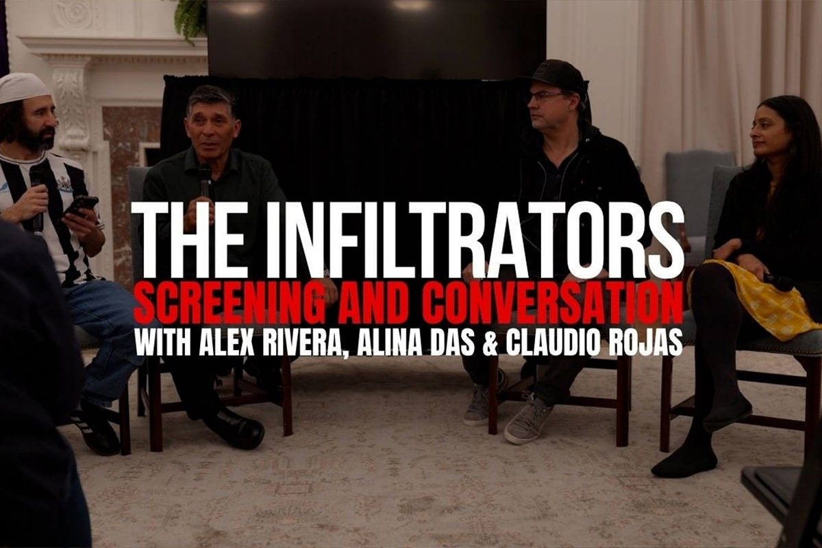 Audience and speakers during a screening and conversation event for The Infiltrators, featuring discussion on immigration and organizing.
