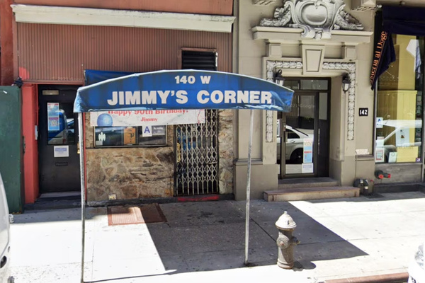 Exterior of Jimmy’s Corner bar in Midtown Manhattan, a small business at the center of debates over commercial rent stabilization in New York City.