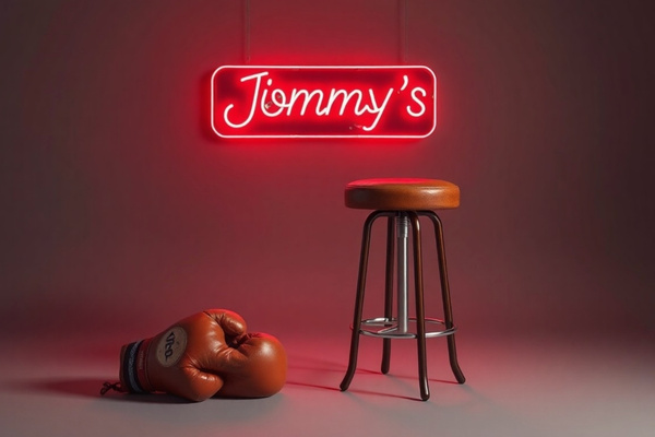 Neon “Jimmy’s” sign with boxing gloves and stool, symbolizing the fight to protect Jimmy’s Corner and small businesses in New York City.