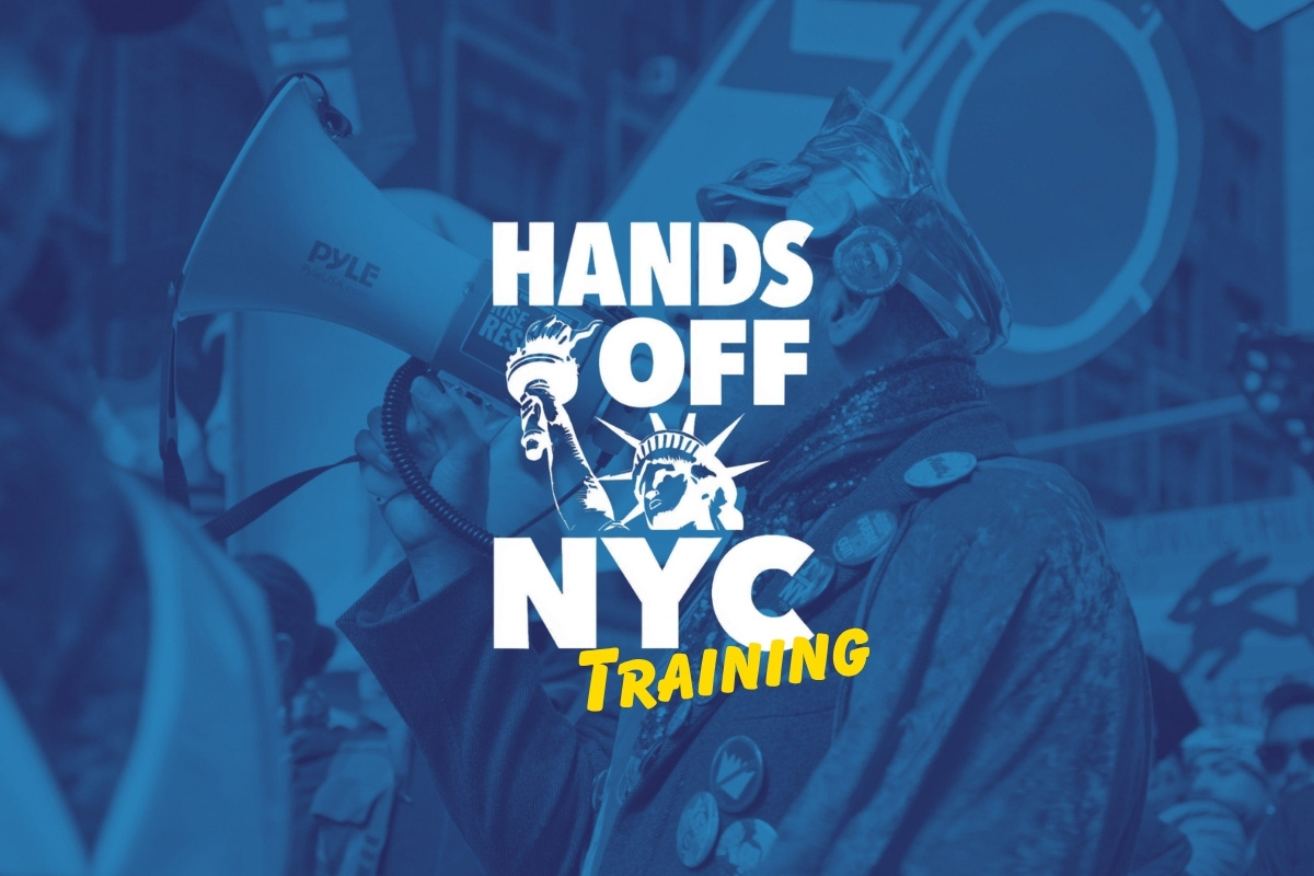 Graphic showing a protest crowd with “Hands Off” signs and the overlaid text “Hands Off NYC Training.”