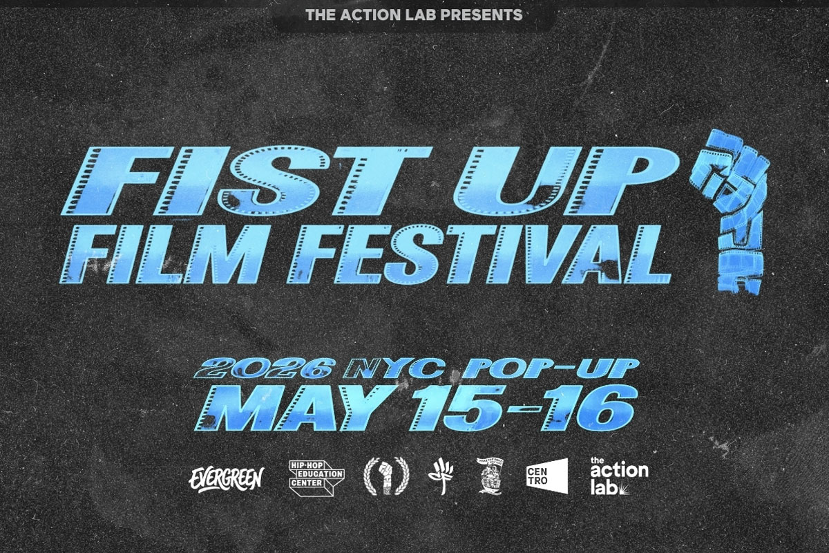 Dark promotional poster for the 2026 NYC Pop-Up Fist Up Film Festival taking place May 15–16, presented by The Action Lab and partner organizations.