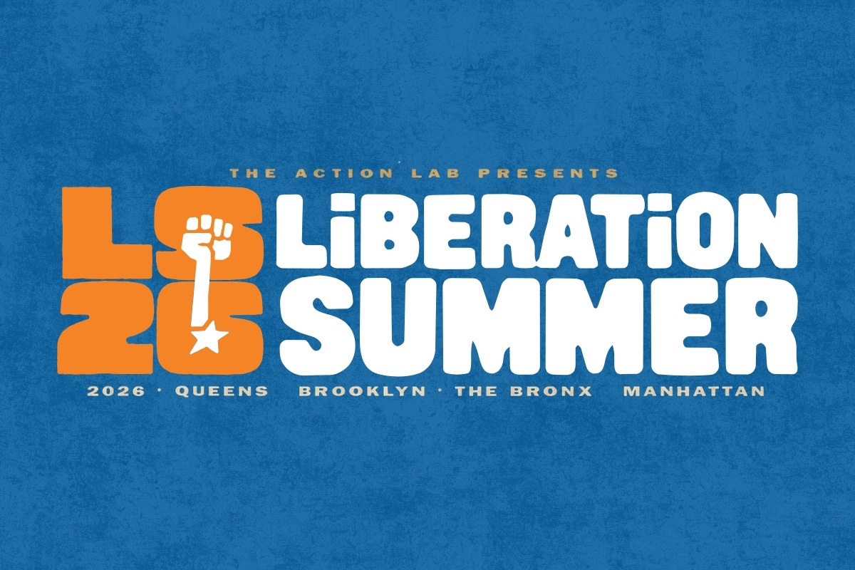 Liberation Summer 2026 campaign artwork featuring a raised fist and event branding promoting community cultural programming across Queens, Brooklyn, the Bronx, and Manhattan.