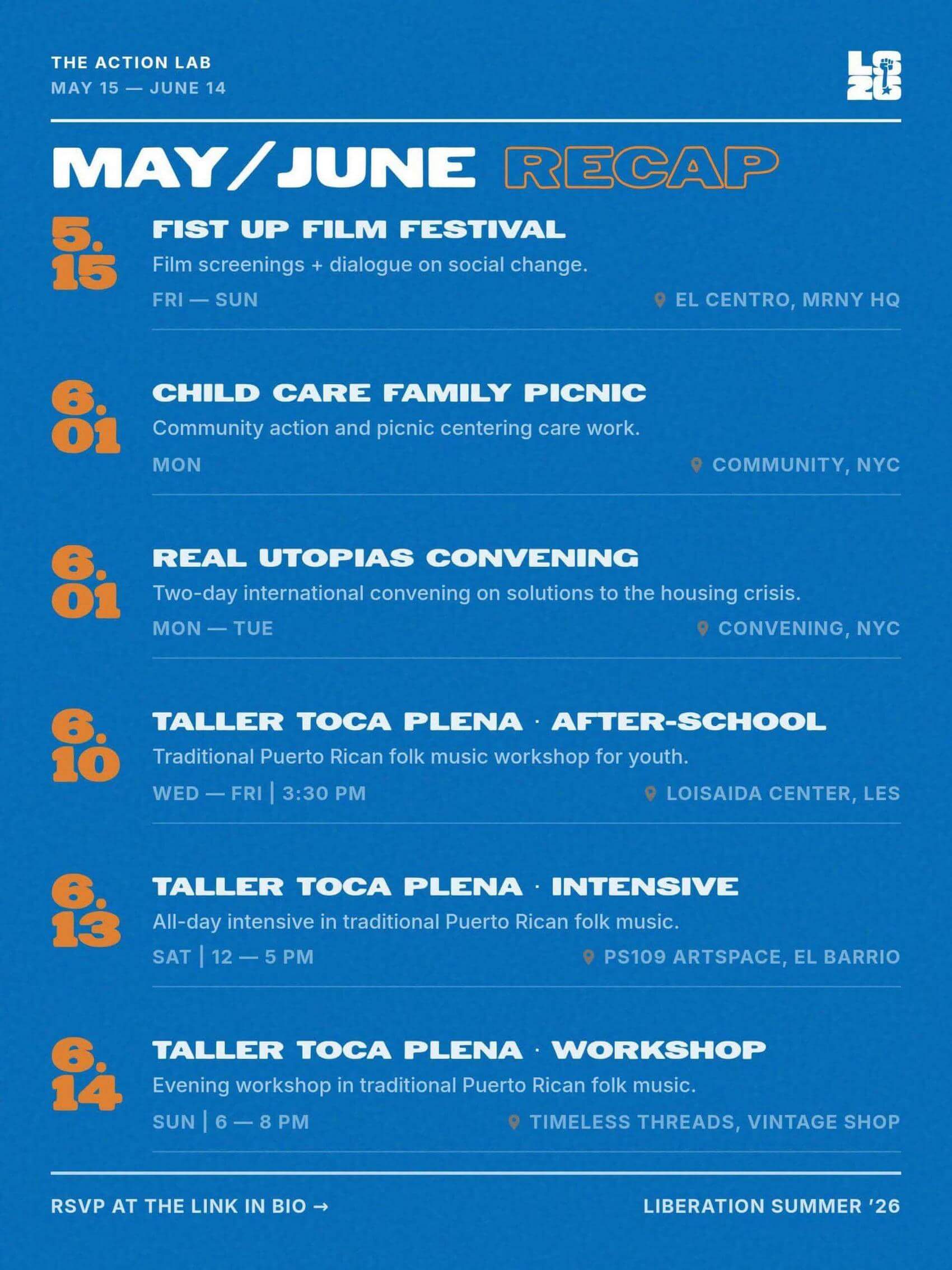 July and August events schedule with dates, times, locations, and descriptions listed