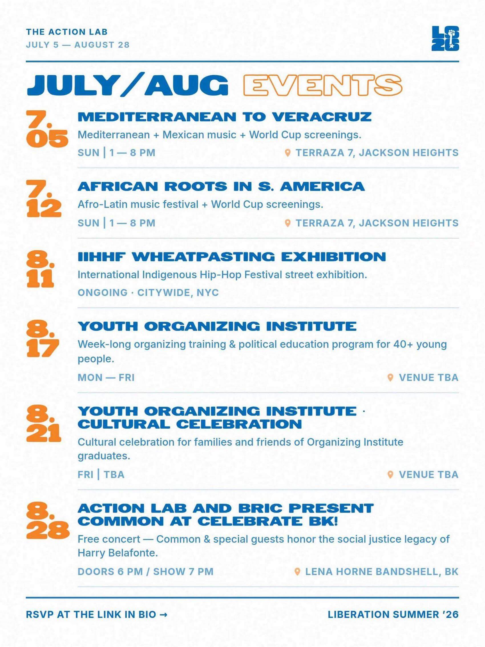 June events listing for The Action Lab from June 17 to June 28 including World Cup watch parties, music festivals, and live concerts at various Brooklyn locations.