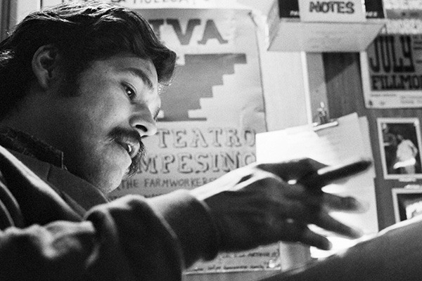 Promotional poster for the screening of American Pachuco at Film Forum, presented by The Action Lab, featuring a silhouette of Luis Valdez and event details for a post-screening discussion.