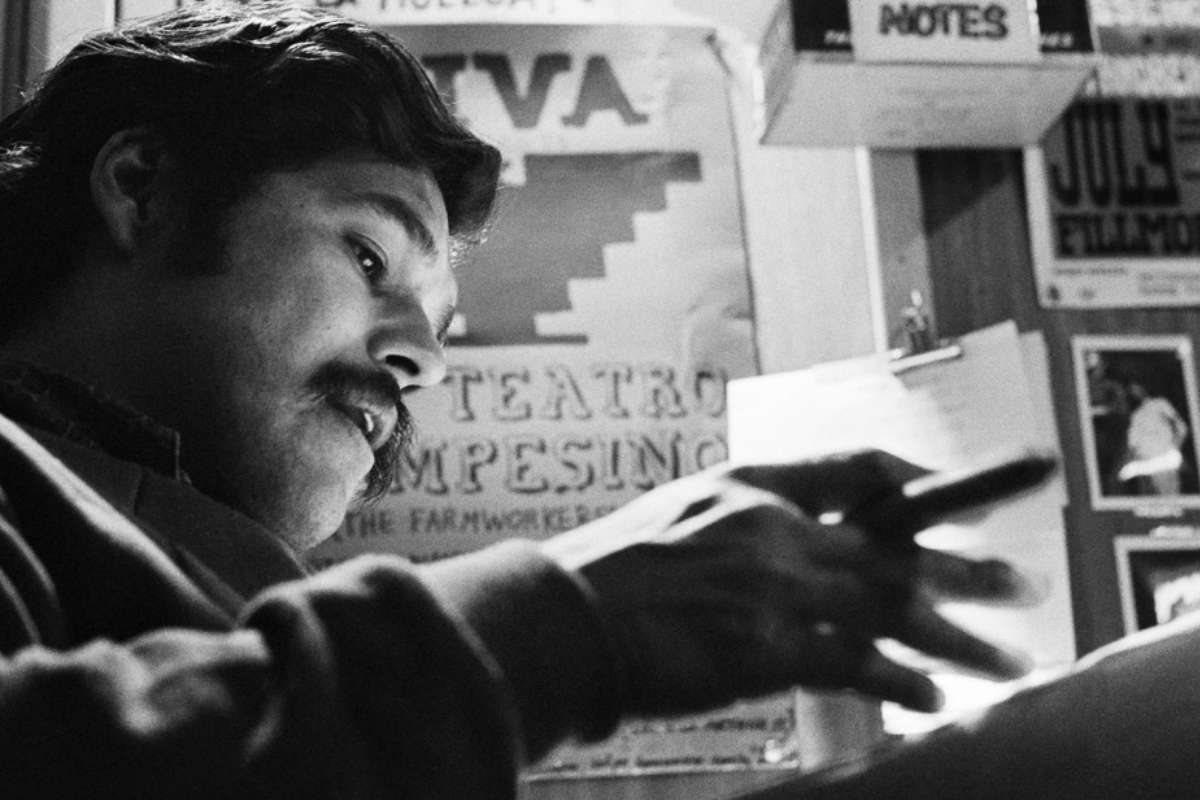 Promotional poster for the screening of American Pachuco at Film Forum, presented by The Action Lab, featuring a silhouette of Luis Valdez and event details for a post-screening discussion.