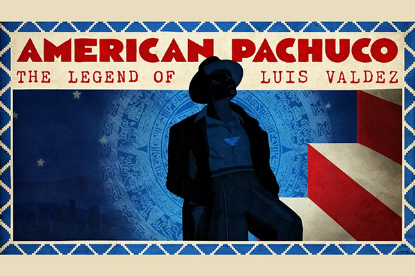 Promotional poster for the screening of American Pachuco at Film Forum, presented by The Action Lab, featuring a silhouette of Luis Valdez and event details for a post-screening discussion.