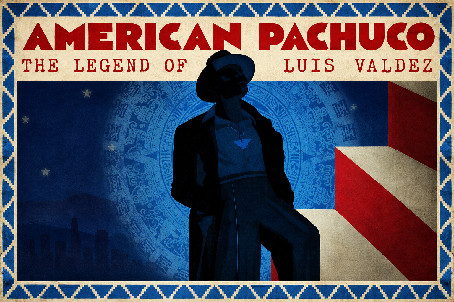 Promotional poster for the screening of American Pachuco at Film Forum, presented by The Action Lab, featuring a silhouette of Luis Valdez and event details for a post-screening discussion.