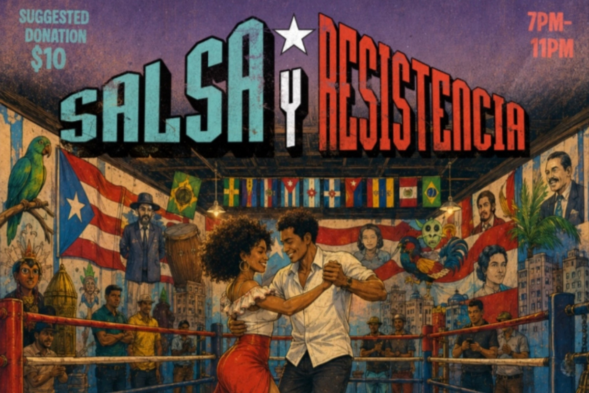 Community members dancing salsa during Salsa y Resistencia, a cultural gathering celebrating music, organizing, and Puerto Rican resistance in the Bronx.
