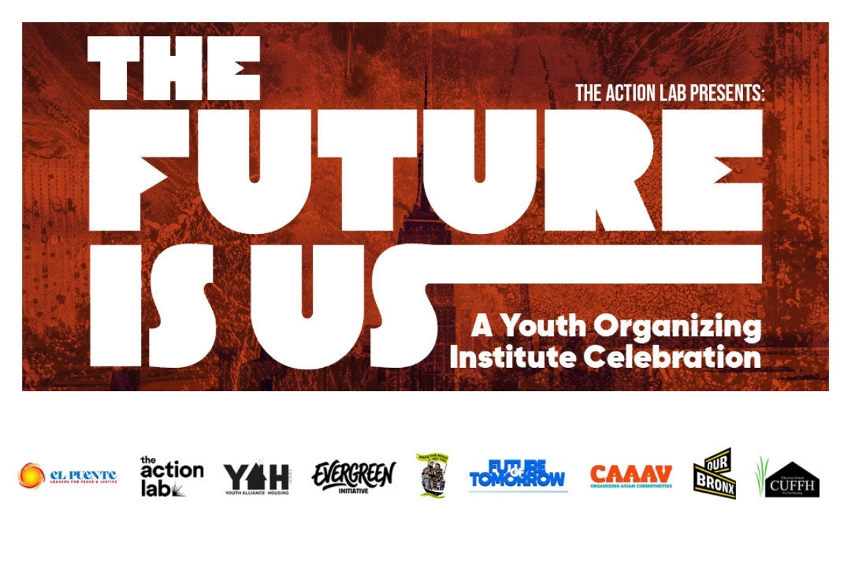 Young organizers rally together in New York City, holding signs and using a megaphone to advocate for student investment, safer schools, and youth power.