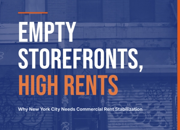 Closed storefront gates with the title text "empty storefronts, high rents"