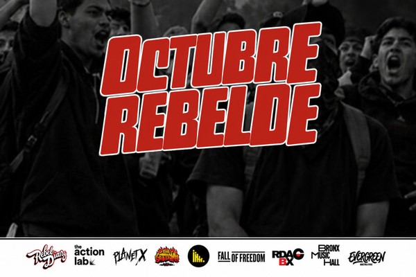 Octubre Rebelde in red lettering over a black-and-white crowd photograph, with presenting organizations’ logos.