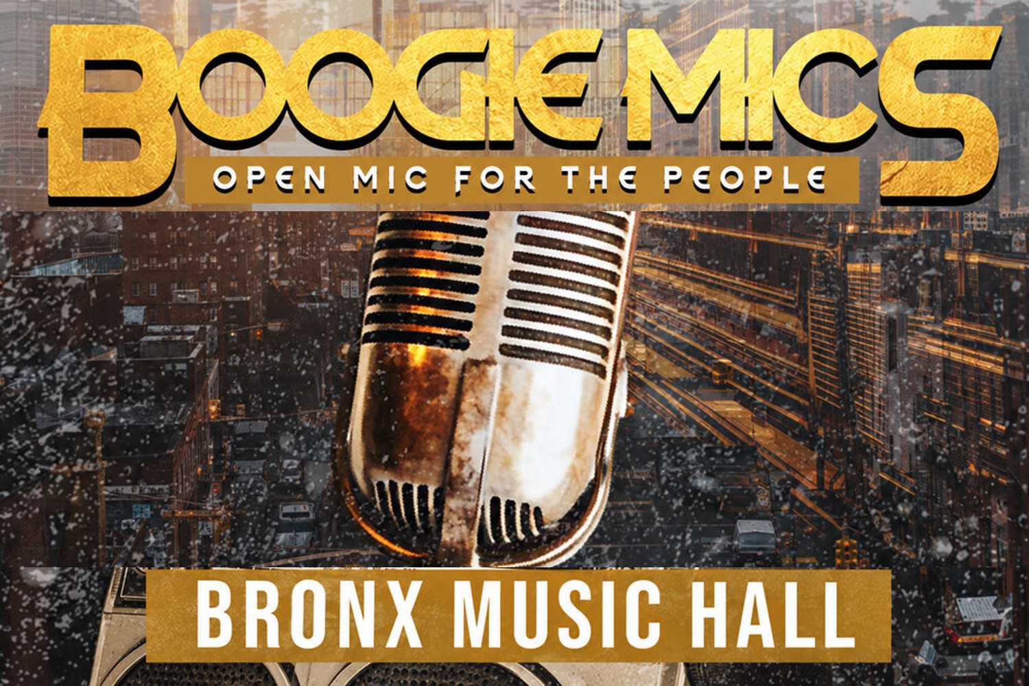 Boogie Mics artwork with gold lettering, a microphone and the Bronx Music Hall name.