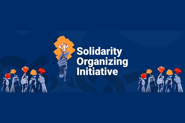 Solidarity Organizing Initiative artwork with raised hands holding orange flowers against a blue background.
