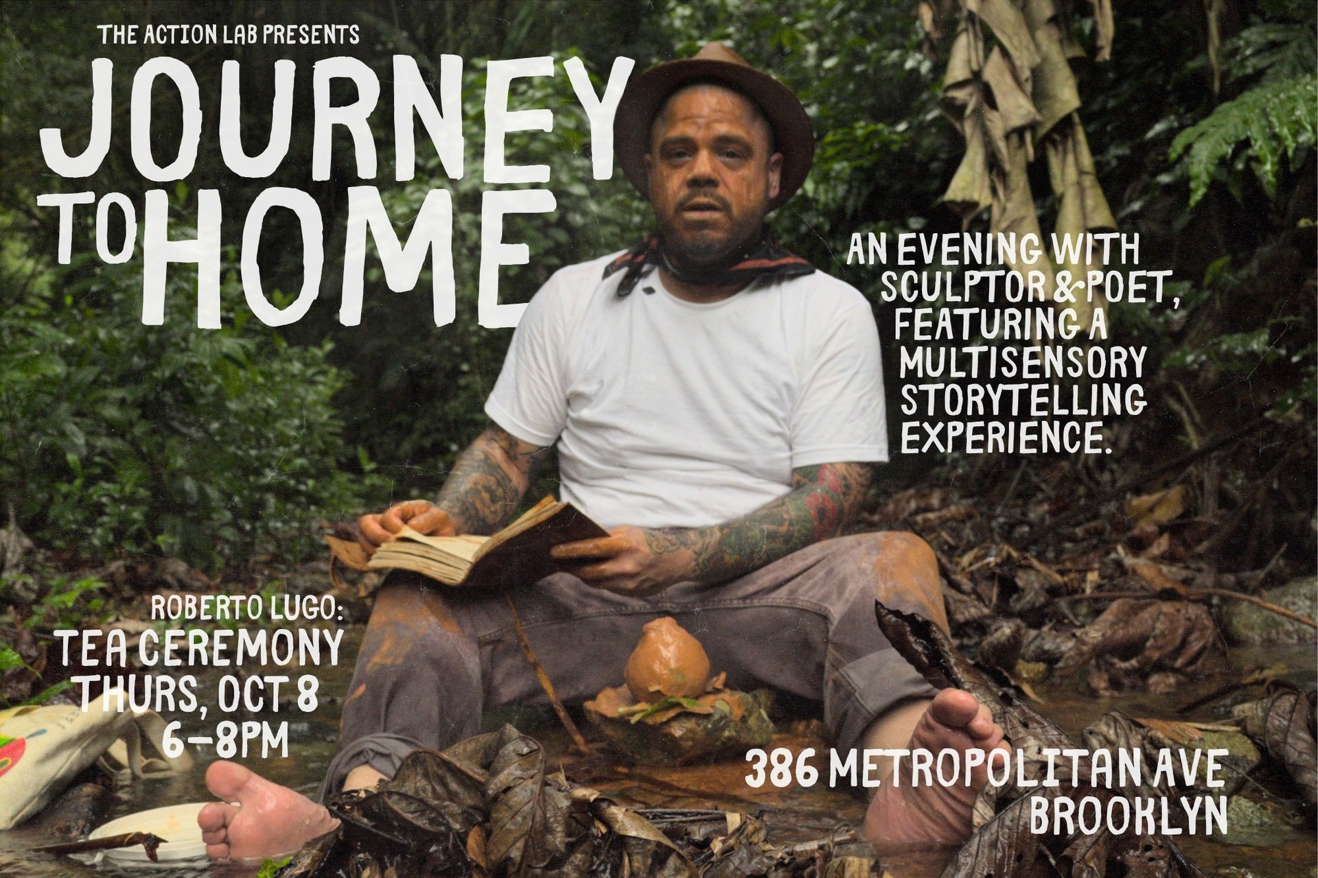 Journey to Home: Roberto Lugo seated outdoors holding a book, with details for the October 8 tea ceremony, 6–8 PM, at 386 Metropolitan Avenue, Brooklyn.
