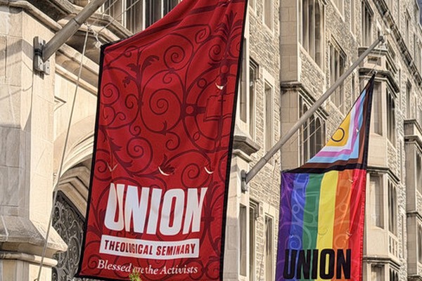 Union Theological Seminary flags outside its building.