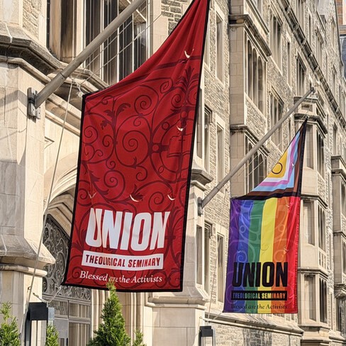 Union Theological Seminary flags outside its building.