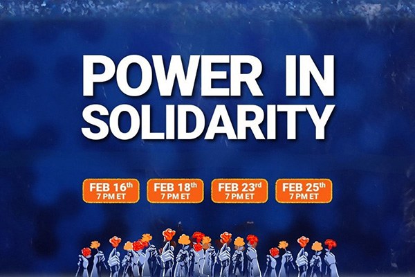Illustration reading “Power in Solidarity” above raised hands holding flowers.