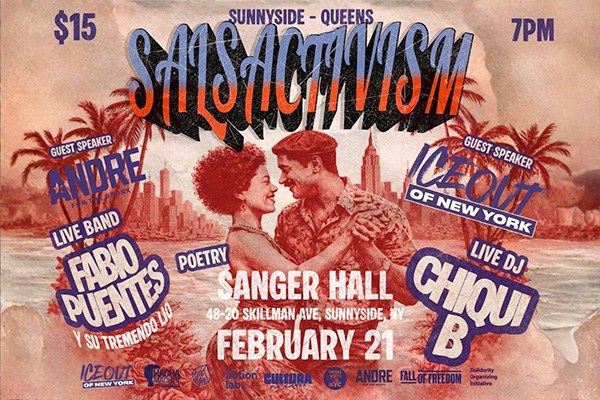 Event flyer for Salsactivism on Februry 21 with an illustration of two people dancing together.