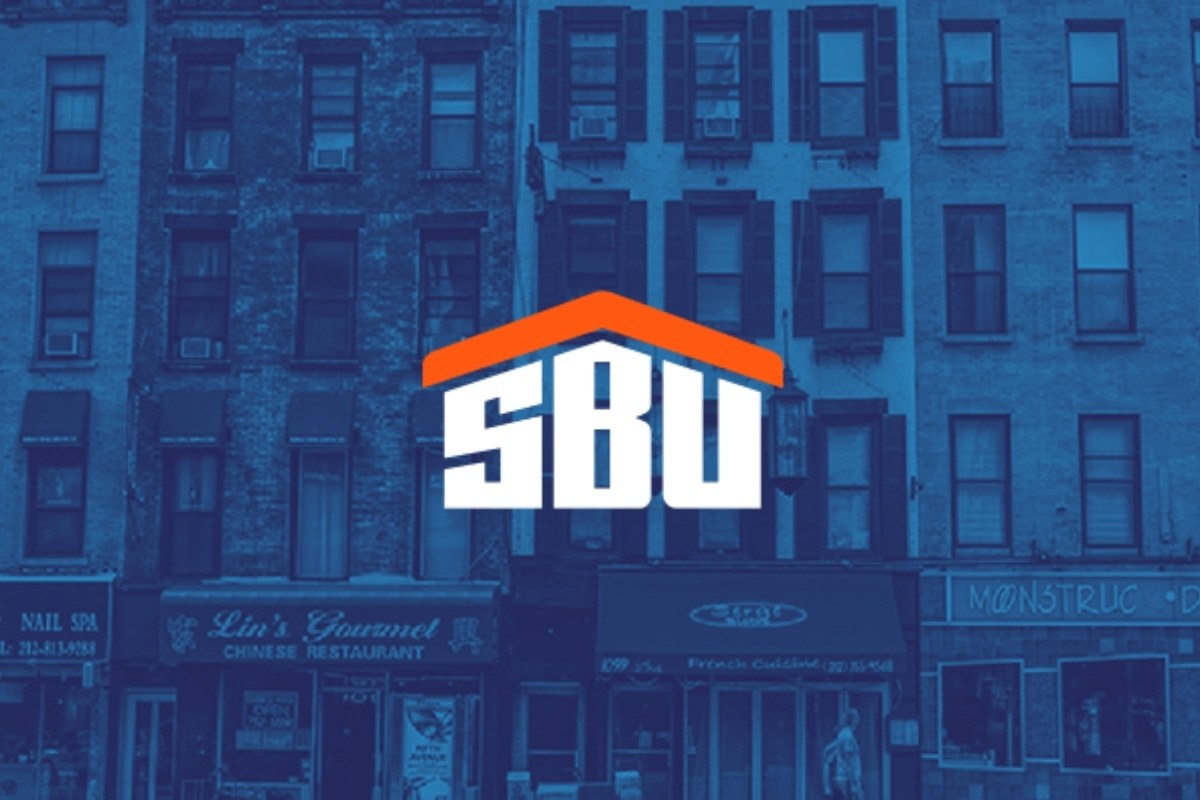 Row of storefronts and apartment buildings with SBU logo overlaid.
