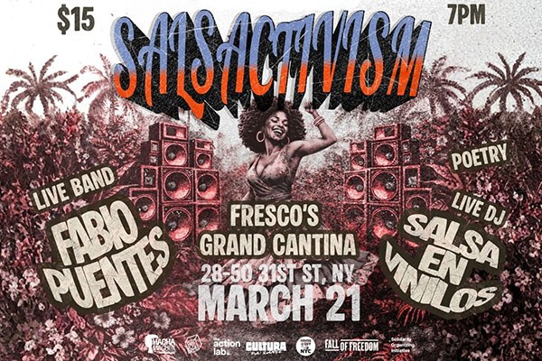 “Salsactivism” event poster with a woman dancing between stacked speakers and palm trees, and text about the March 21 event.