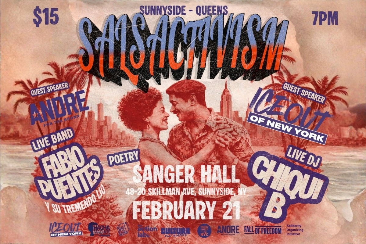 Event flyer for Salsactivism on Februry 21 with an illustration of two people dancing together.