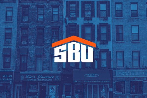 Row of storefronts and apartment buildings with SBU logo overlaid.
