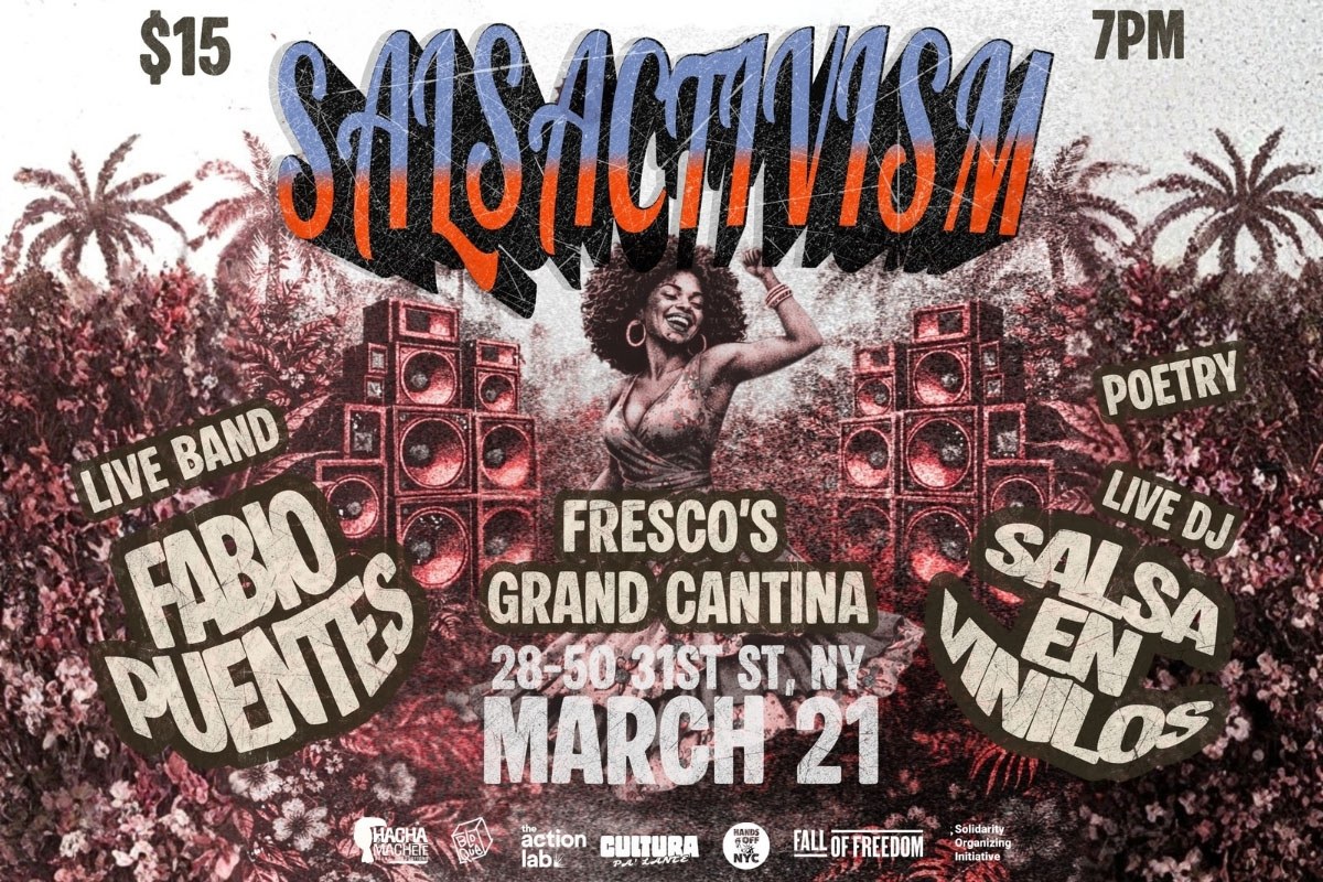 “Salsactivism” event poster with a woman dancing between stacked speakers and palm trees, and text about the March 21 event.