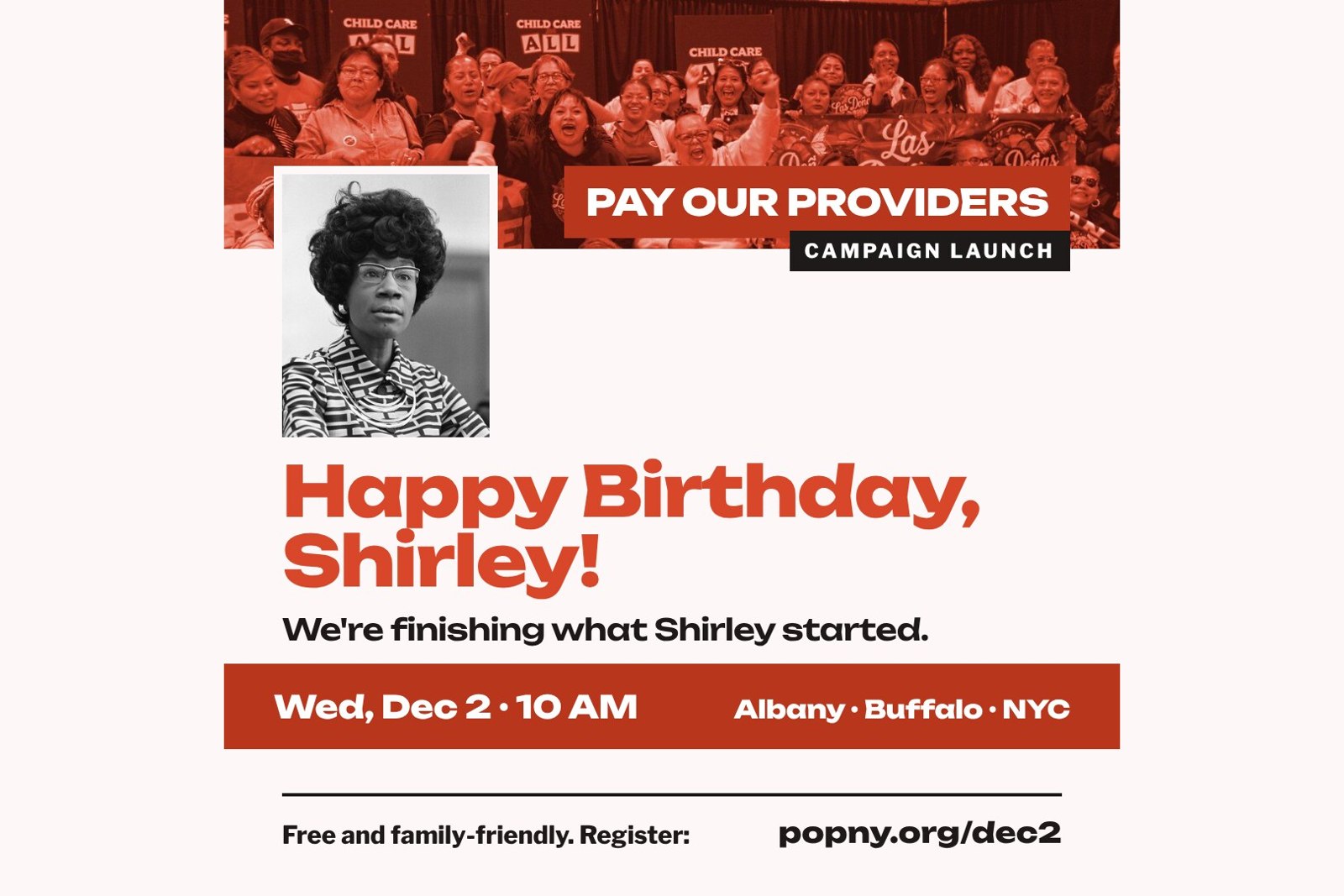 Happy Birthday, Shirley! Pay Our Providers campaign launch flyer for December 2.