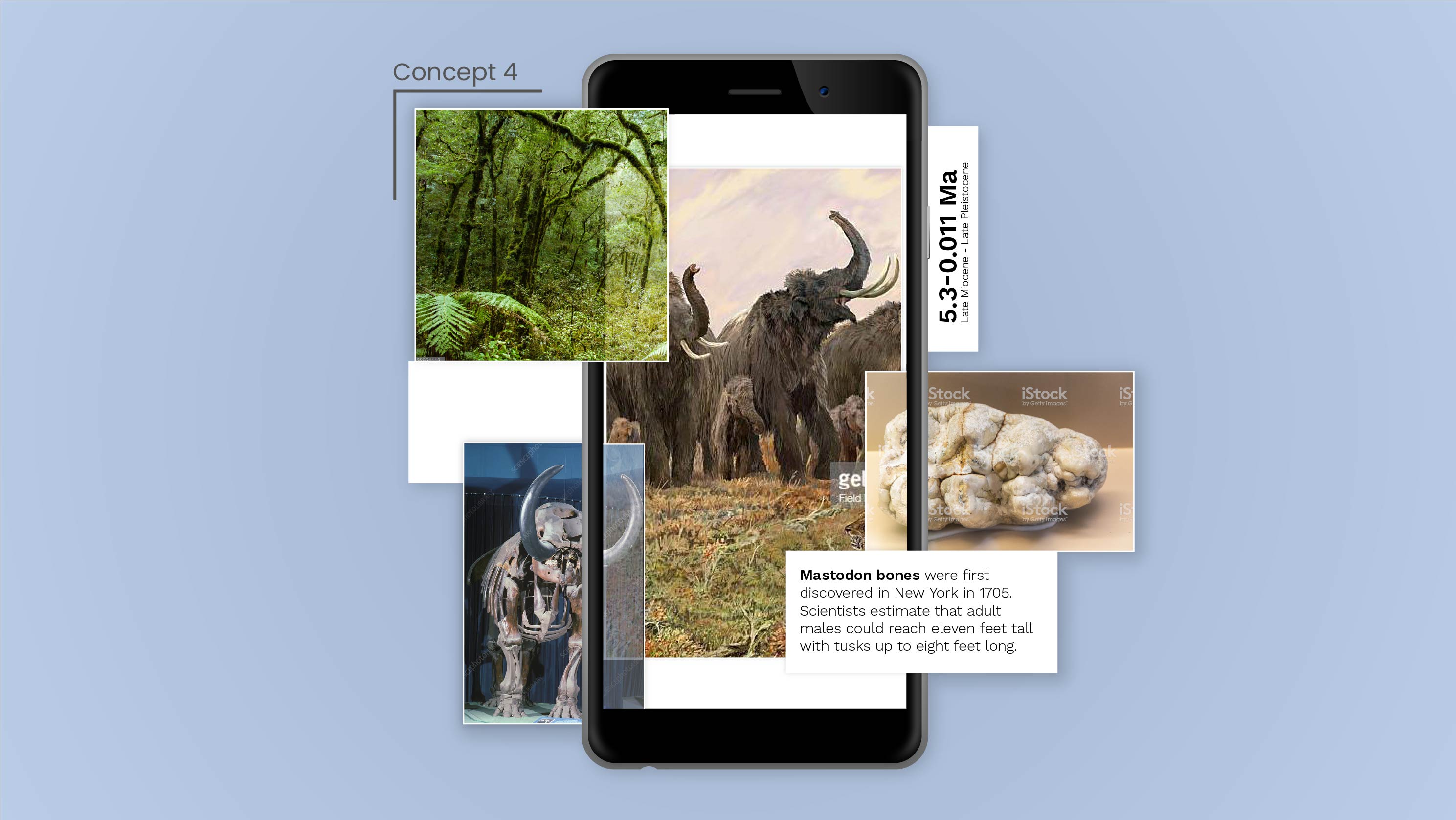 Concept 4: A layered history unfolds, with panels fading in and overlapping around the artifact.