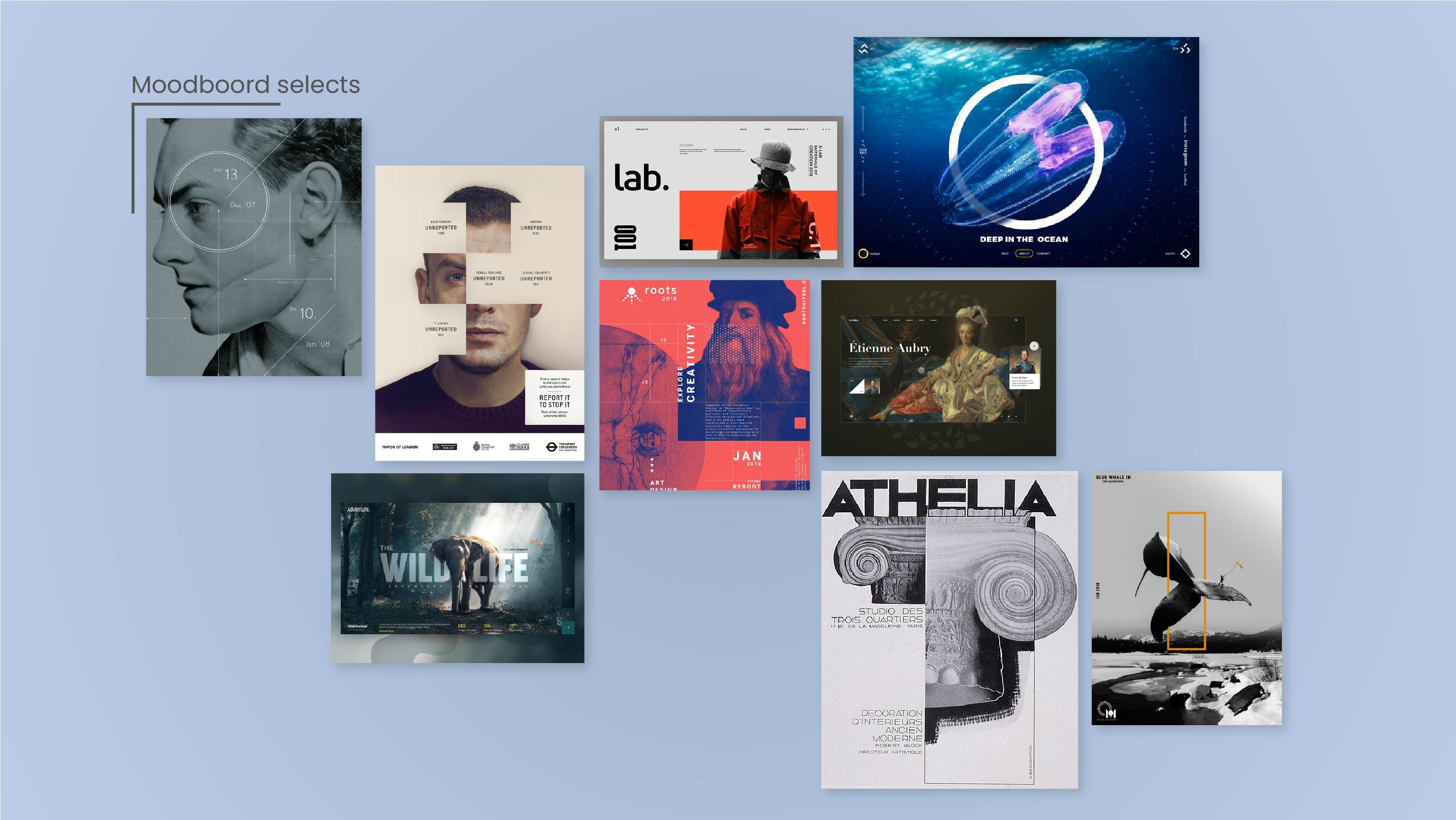 Key selections from initial moodboards that lead to these concepts.