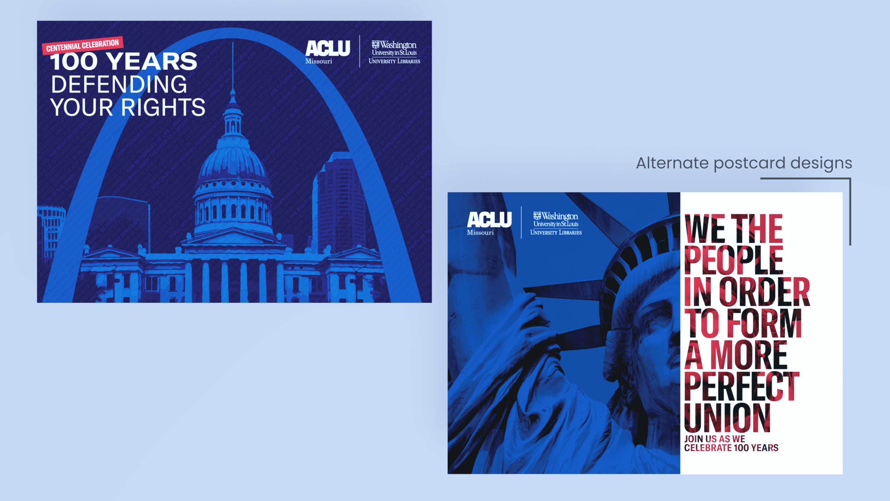 Alternate postcard illustrations for ACLU of Missouri's Centennial