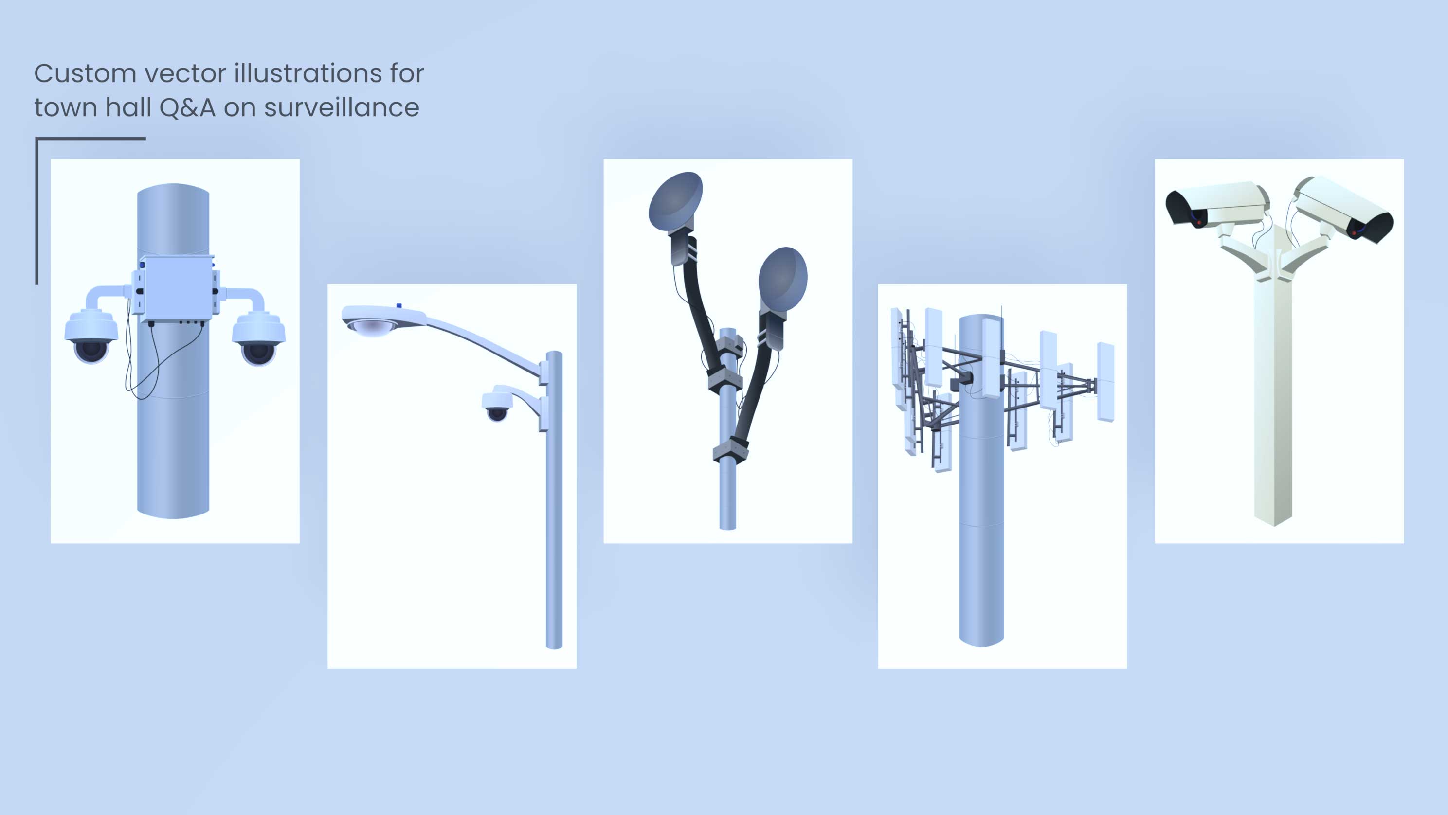 Custom vector illustrations of common public surveillance equipment for the ACLU of Wisconsin's town hall Q&A