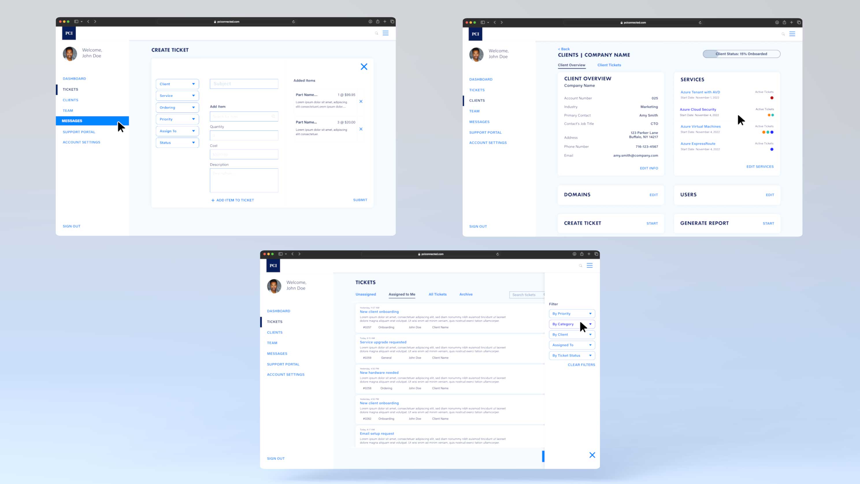 Examples of prototype hover functionality on the admin dashboard prototype