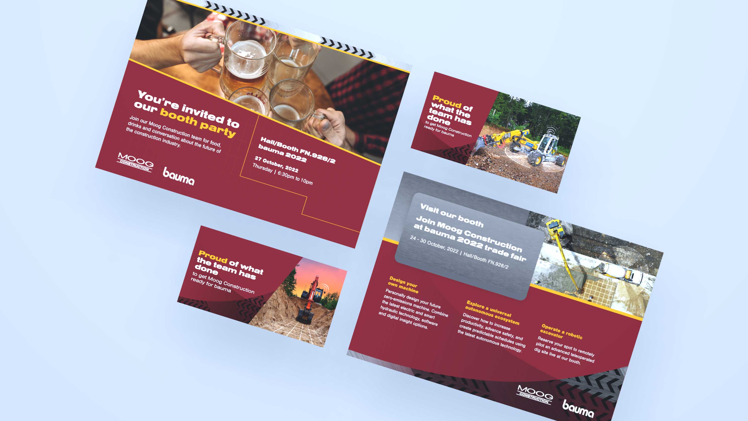 Final mailer, invites, and social image designs for Moog Construction's bauma 2022 event