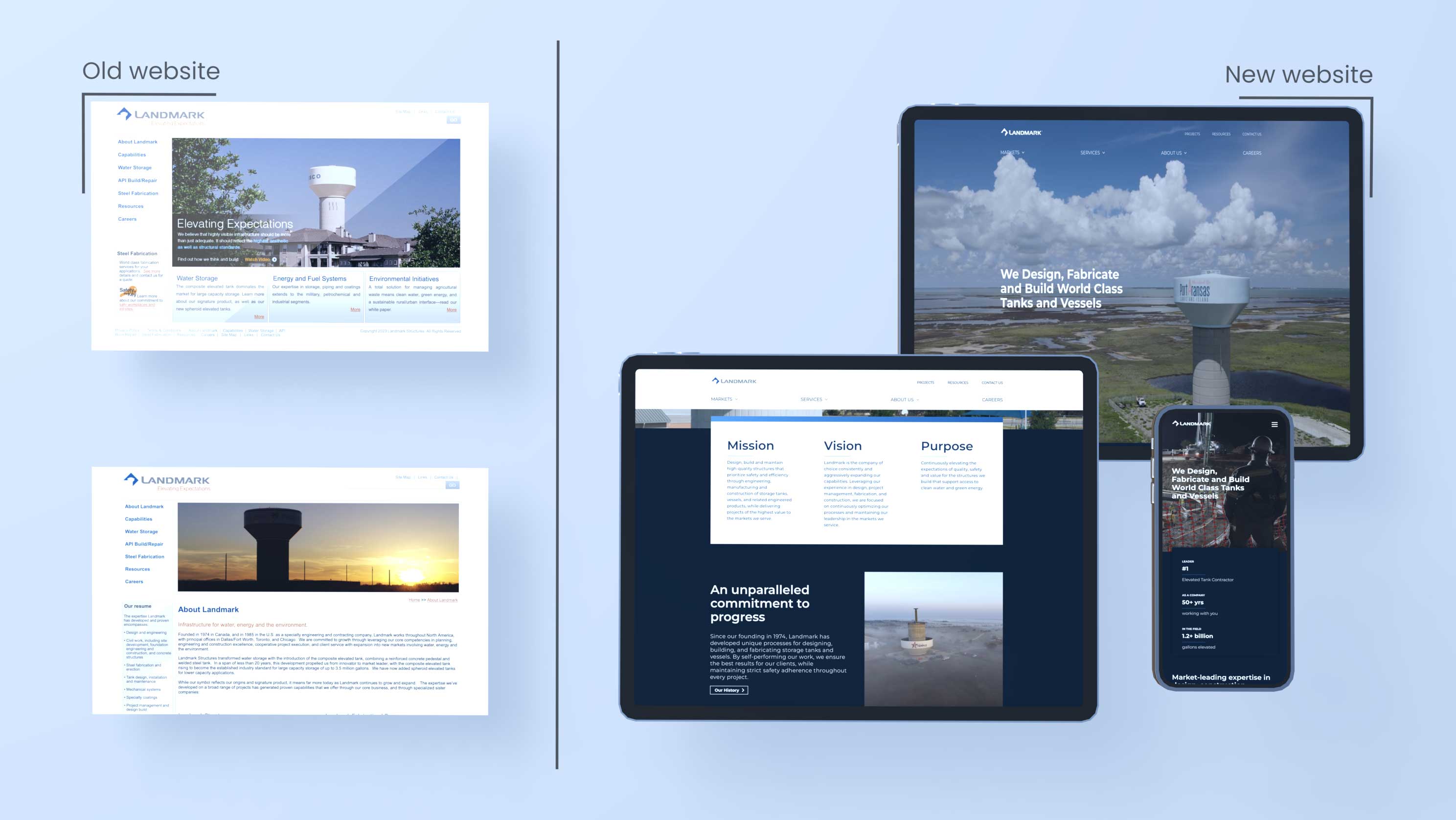 A view of Landmark's old non-responsive website design versus the new responsive web design that works on desktop, tablet, and mobile