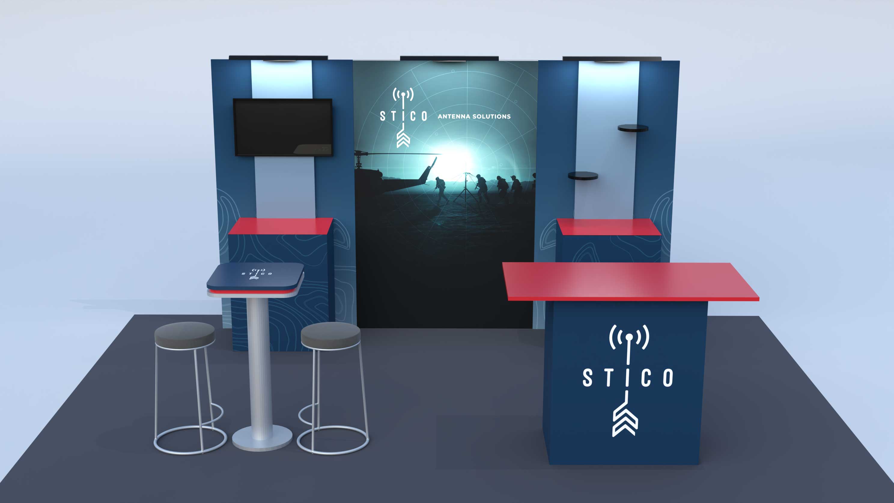 An example of a condensed booth footprint; hero image flanked by both cabinet stands, welcome table, and barstool table