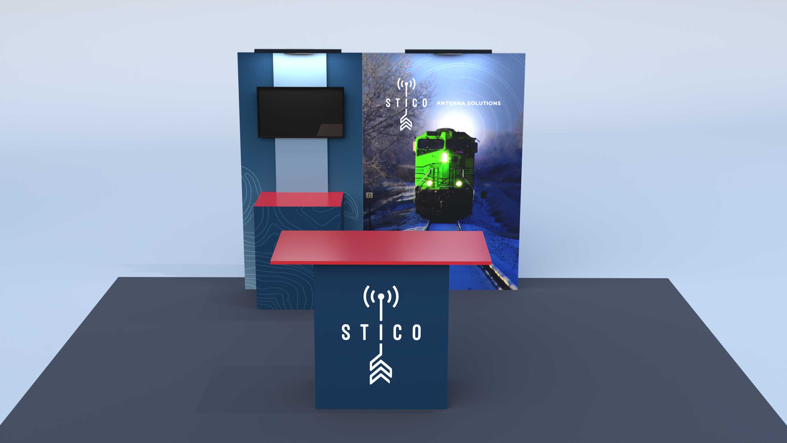 An example of an extra small booth footprint; hero image with TV cabinet stand, and welcome table