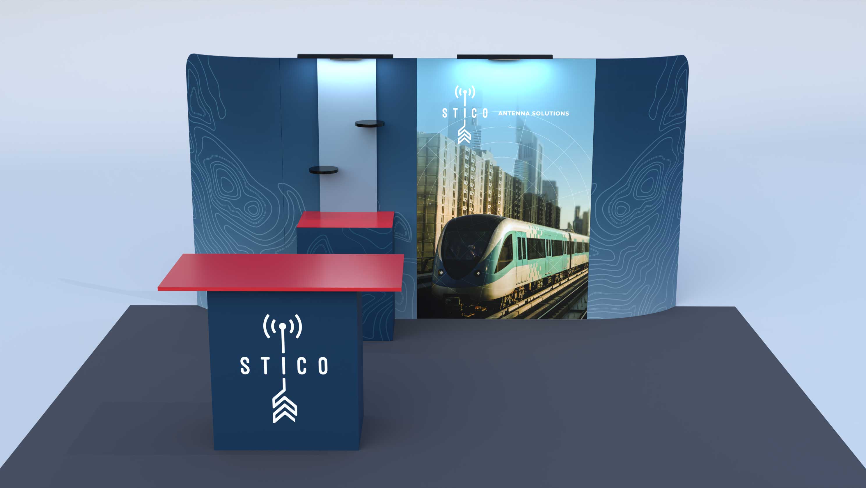An example of a medium-sized booth footprint; side wings, cabinet stand with shelf, hero image, and welcome table