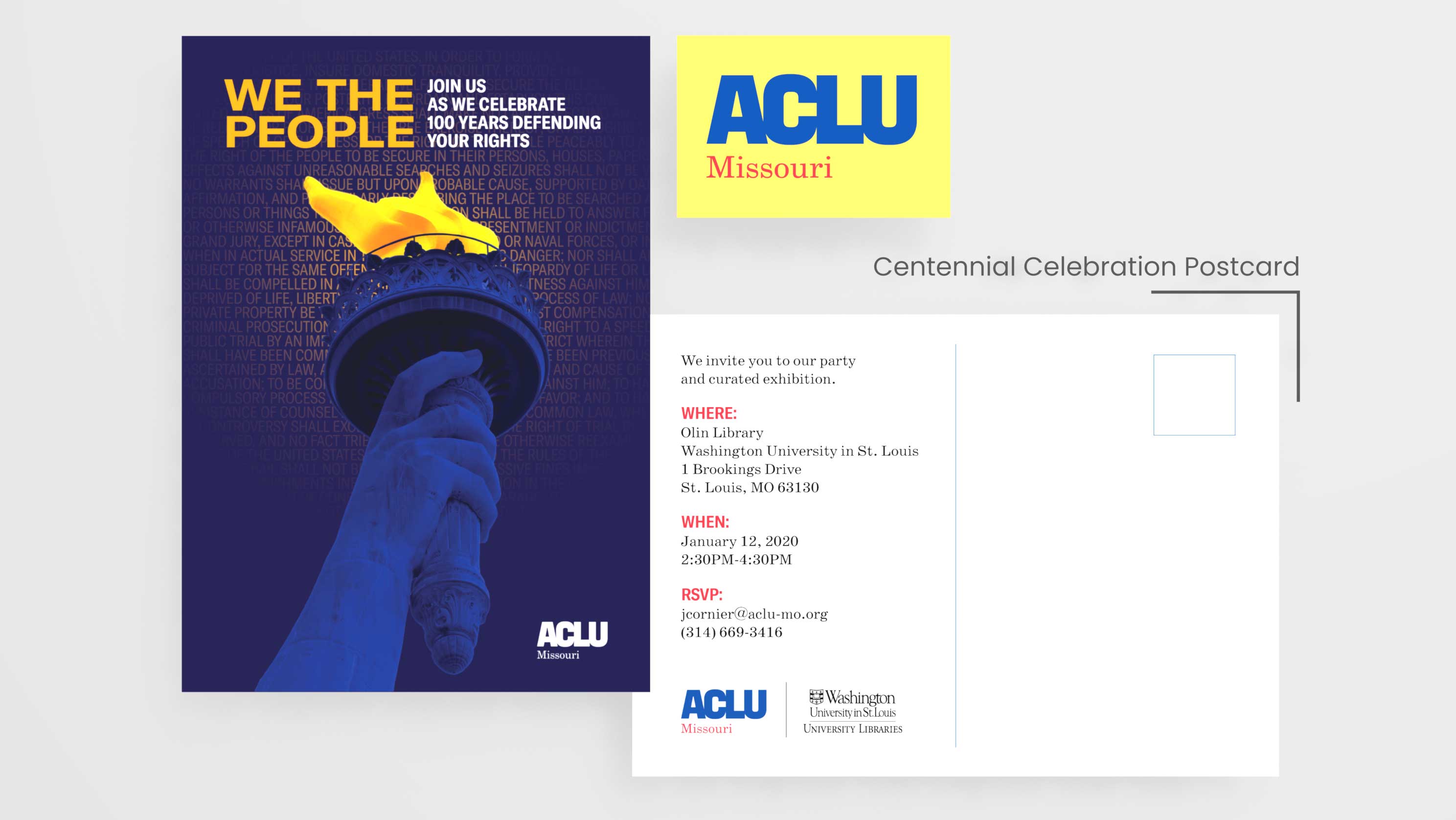 A custom postcard illustration and layout design for ACLU of Missouri's Centennial