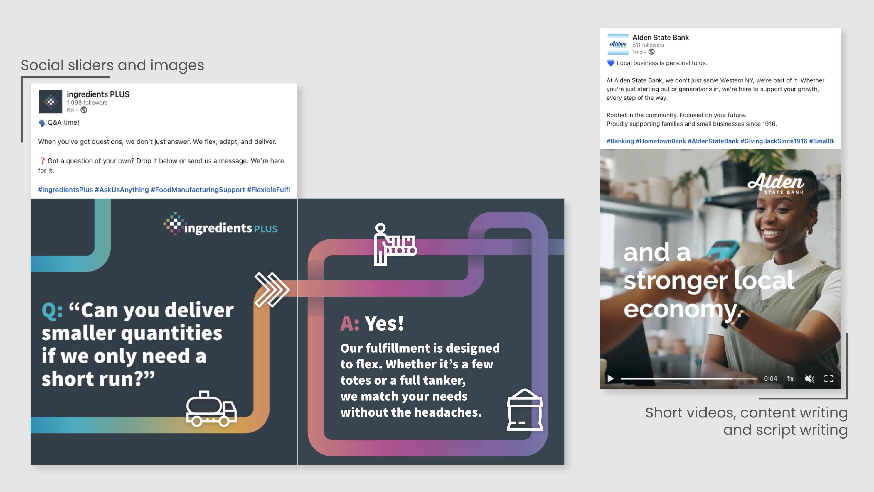 Social slider and video post example for ingredients PLUS and Alden State Bank.