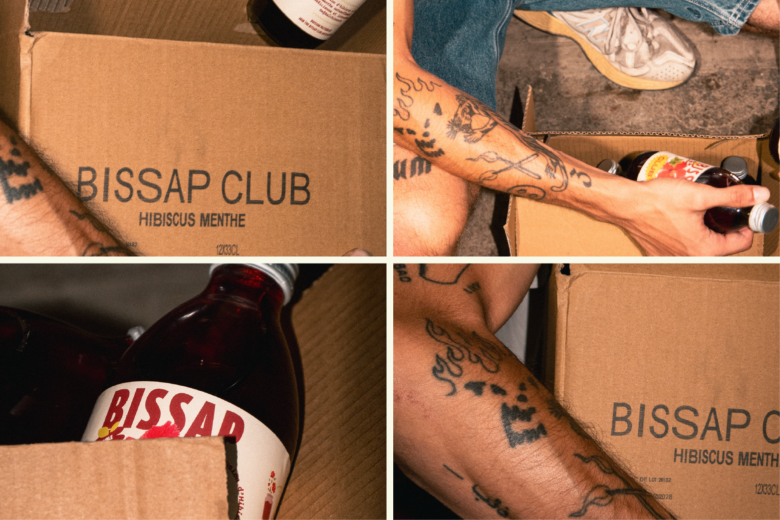 Photoshoot dans un garage avec le carton du Bissap Club