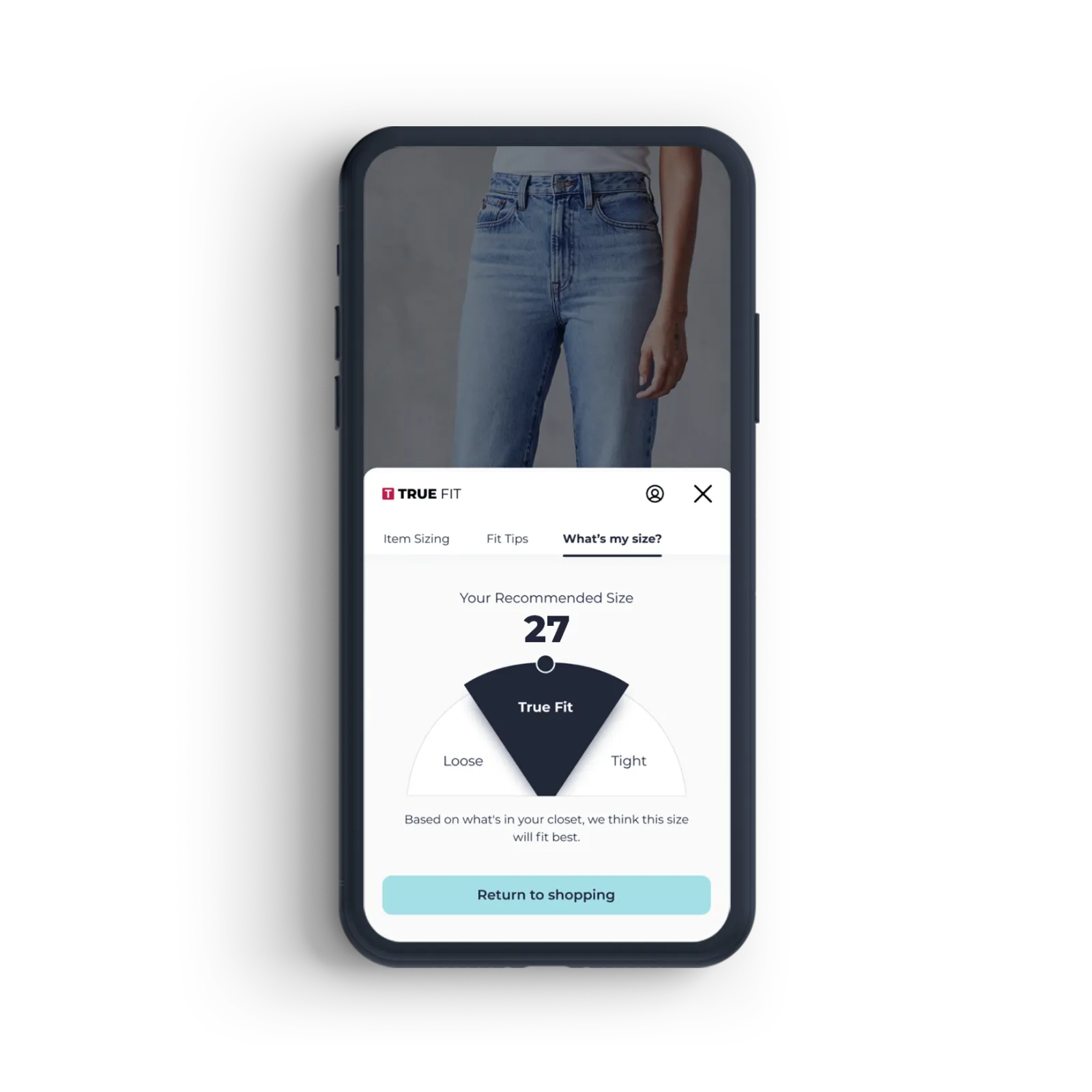 True Fit UI inside the survey on a PDP showing a personalized size recommendation