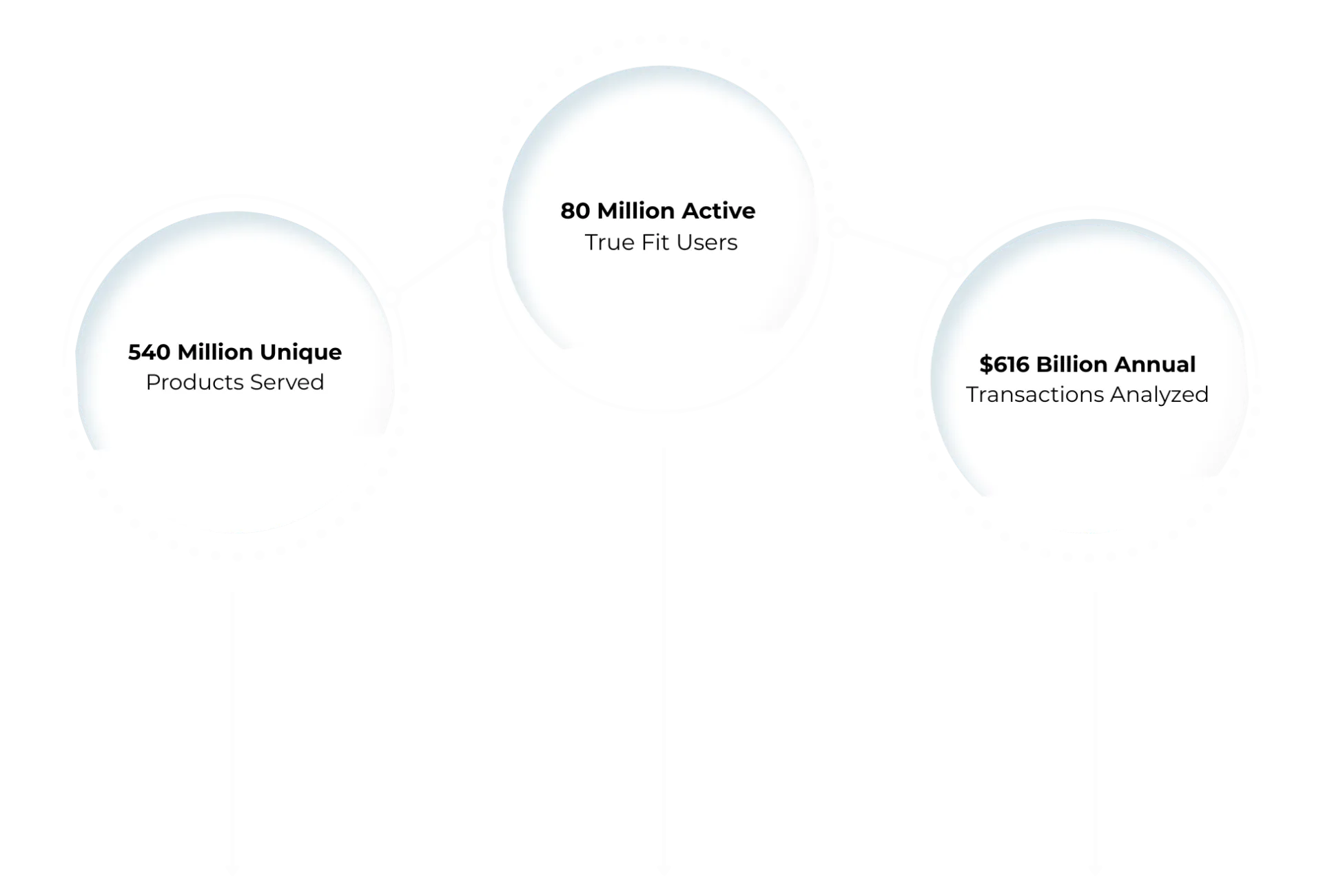 Graphic showing True Fit’s data scale — 540 million unique products, 80 million active users, and $616 billion in annual transactions.