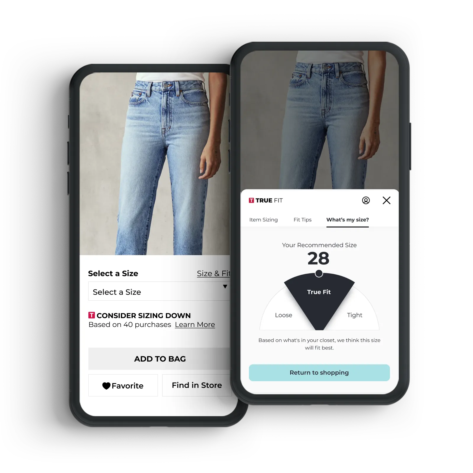 Side-by-side view showing True Fit’s product guidance on PDP and personalized size recommendation in survey